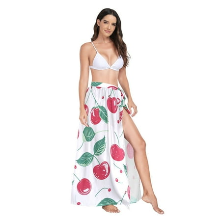 Women s Beach Swimsuit Cover Ups Bathing Suit Coverups Bikini Wrap Dress for Swimwear Cherry Fruit with Leaf