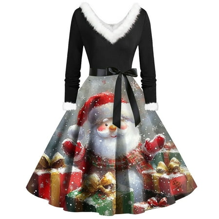 DENGDENG Women Christmas Dress Shoes High Heels Vintage Snowflake Christmas Tree Printed A-Line Dresses 2024 V Neck Long Sleeve Party Dresses with Belt Light Gray 4XL