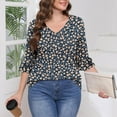 thumbnail image 3 of ZQUUVOU Women's T-Shirt Casual Printed Floral 3/4 Sleeve V-Neck Ruffle Blouse E-Black (2XL), 3 of 6