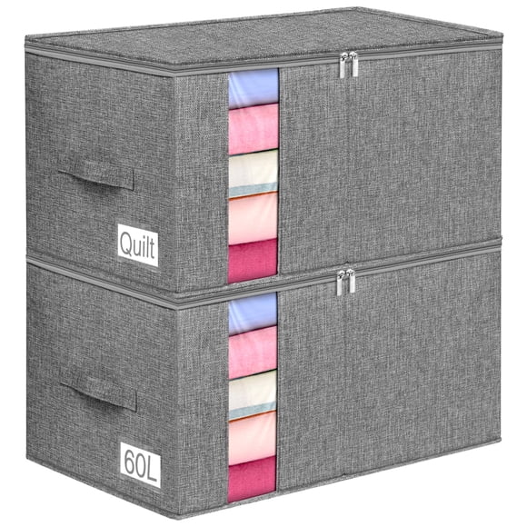 boailydi Blanket Storage 60L Comforter Storage Bag With Dual Zipper & Side Support Sturdy Clothes Storage Bin For King Size Comforters Sweater Sheet Bedding Clothing Quilt Pillow Set of 2 - Grey