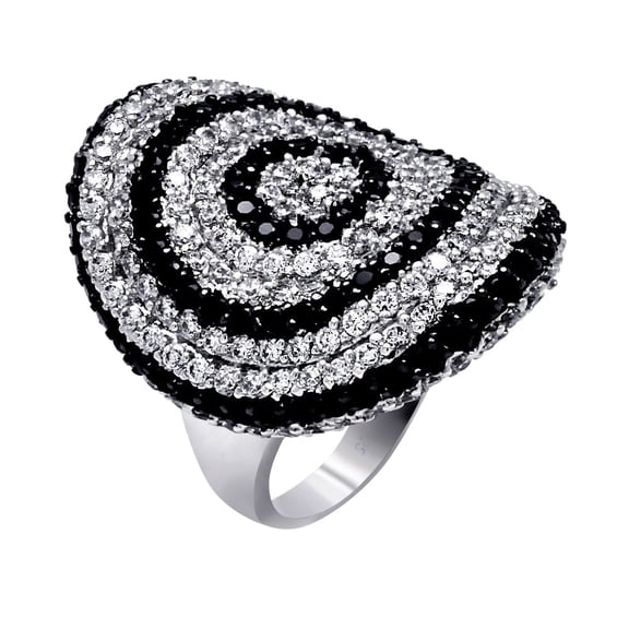 Rhodium Plated Sterling Silver 925 Clear & Black Cubic Zirconia Spiral Ring Band White Female Size 6