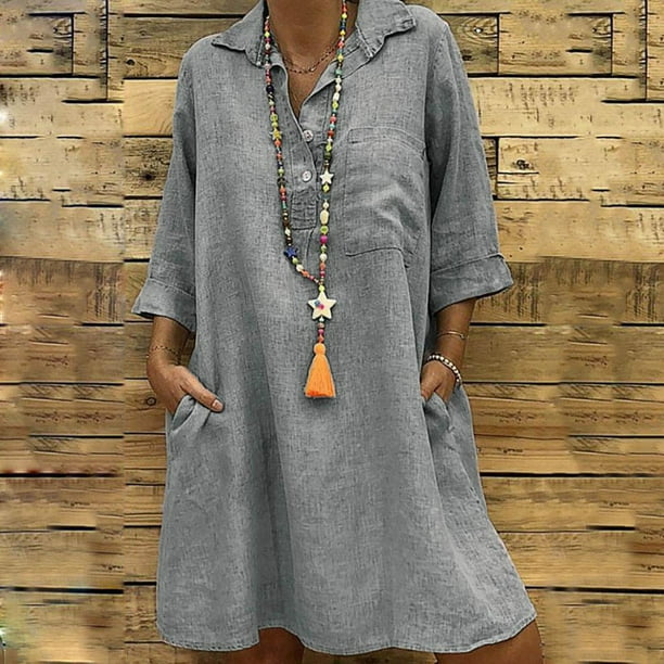 ICHUANYI Clearance Fashion Women Loose V-Neck Solid 3/4 Sleeve Cotton And Linen Dress(Gray, L) ICHUANYI WER2023080901857