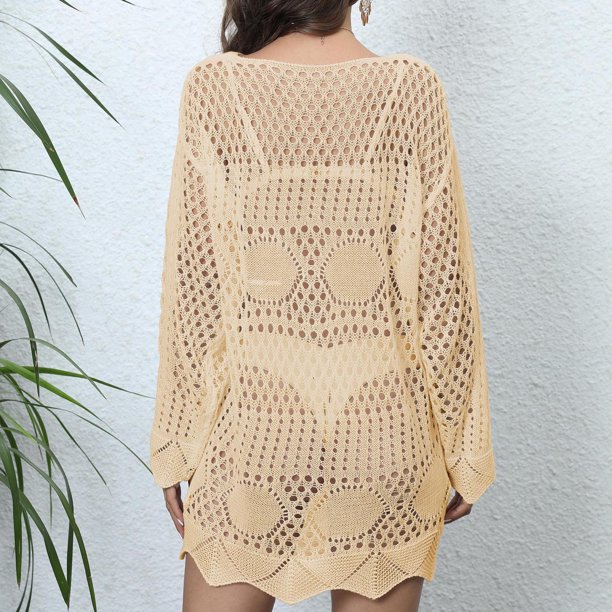 fatyb Omens Crochet Swimsuit Cover up Mesh Long Sleeve Knit Bikini Cover up Summer  Beach Mini Dress - Walmart Business Supplies