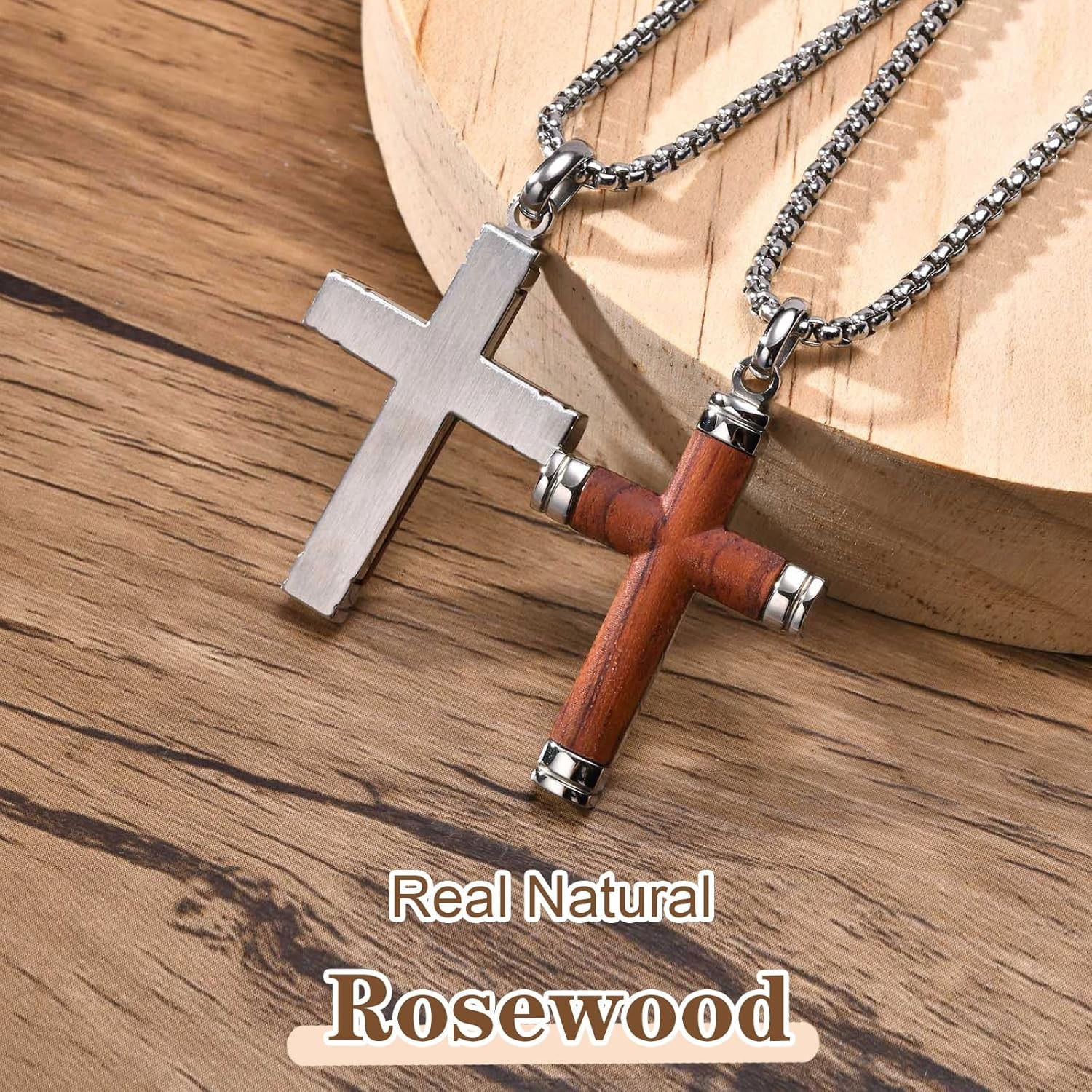 Wollet Wooden Cross Necklace Pendant for Men- Stainless Steel Chain, Mens Wood Jewelry Christian Baptism Crucifix Pendant