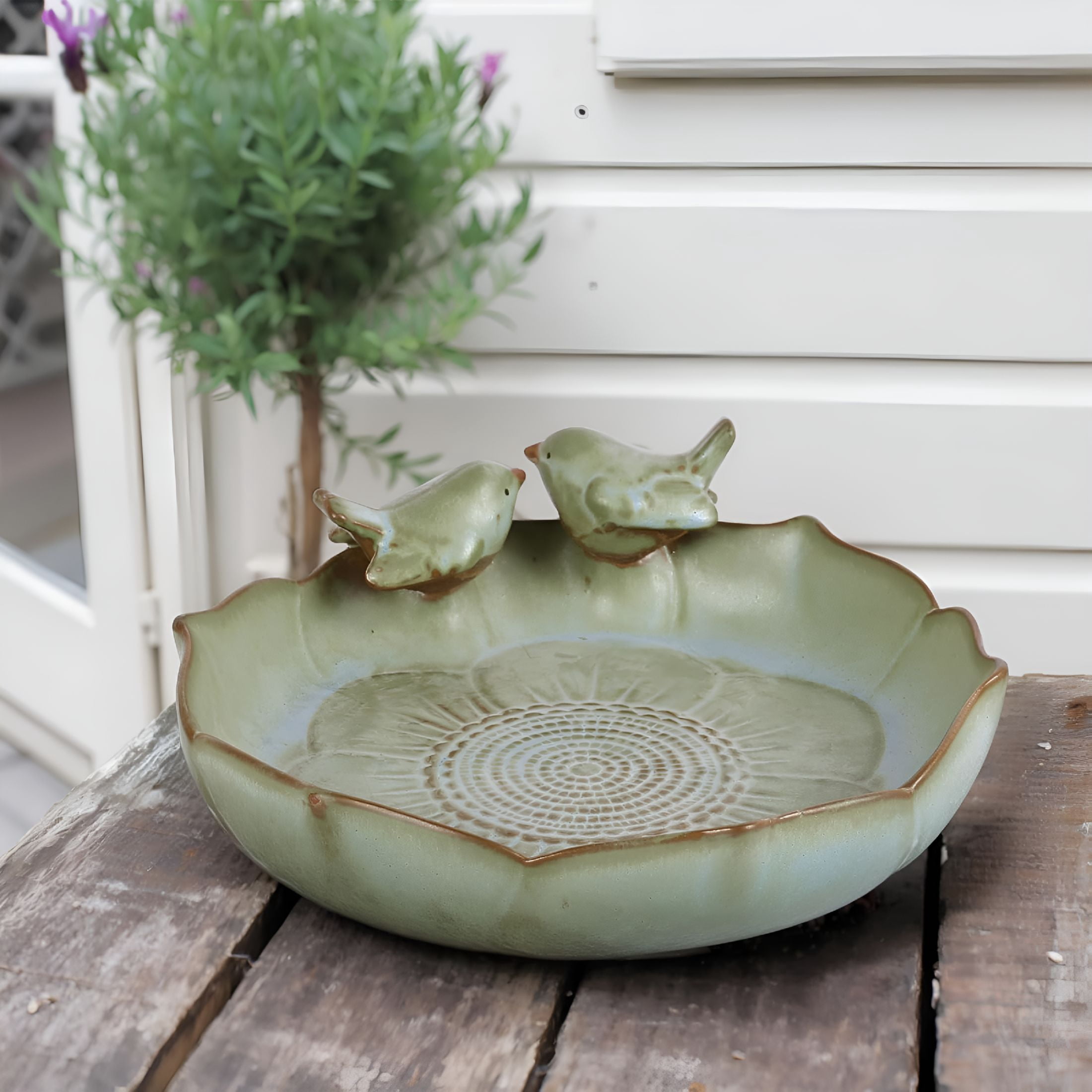 ACDANC Ceramic Bird Bath Bowl with Perched Birds-Outdoor Tabletop Birdbath Basin in Weather-Resistant Glaze-Usable on Ground,Deck Or Tabletop