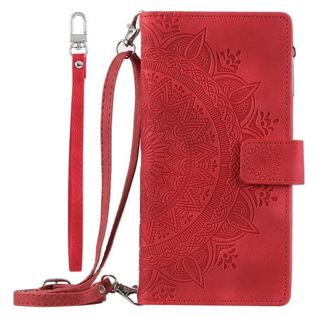 iPhone 7 Zipper Wallet Case 4.7", iPhone 8 Case, iPhone 6/6s Phone Cover, iPhone SE 2022/2020 Case, Dteck Embossed PU Leather Zipper Wallet Flip Case with Shoulder Strap Wrist Lanyard, Red