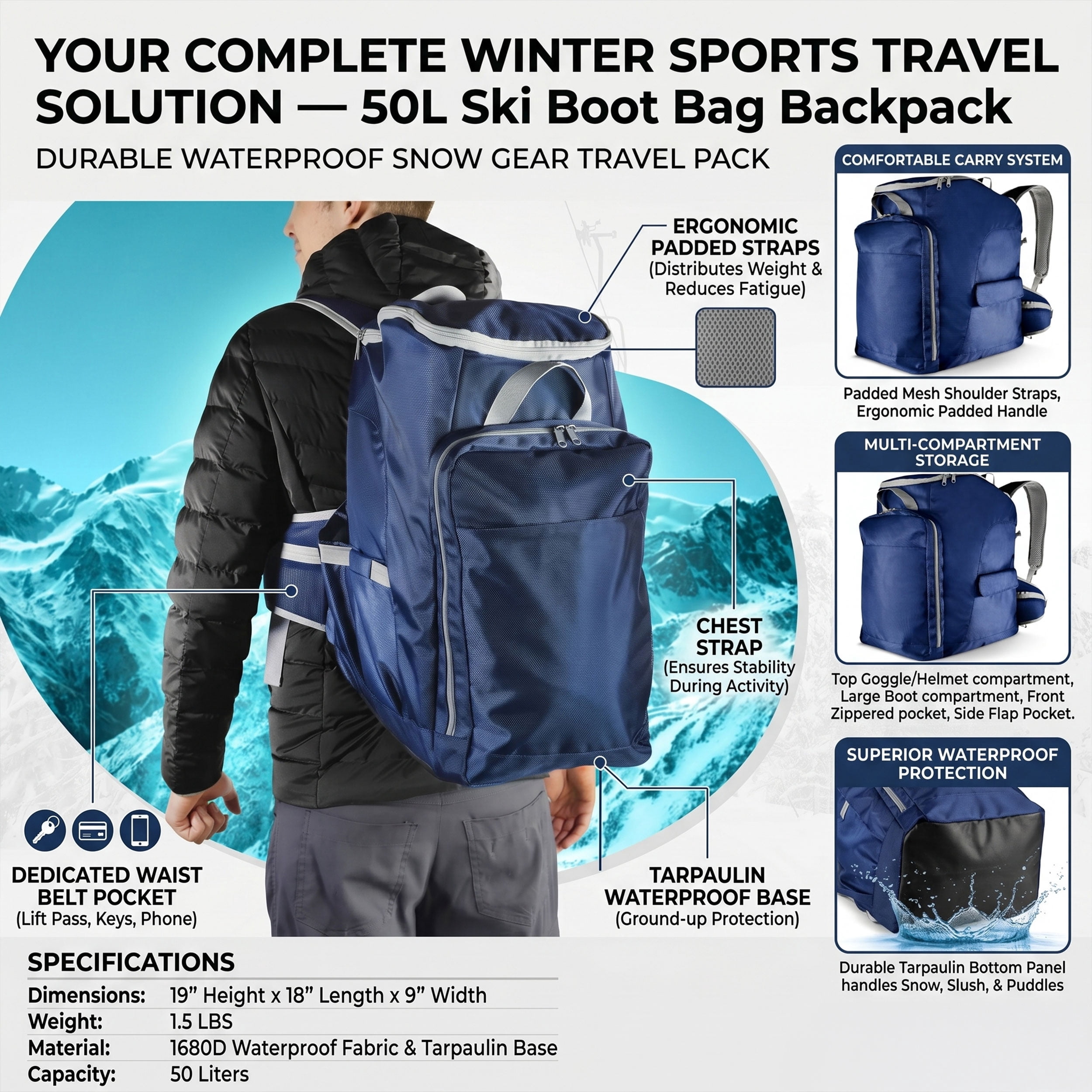 Ski Boot Backpack Travel Bag with Ergonomic Waist Straps – Fits Ski or Snowboard Boots, Helmet, Goggles & Gear – Waterproof Heavy Duty Snow Gear Storage Pack