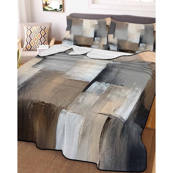Grey Brown Abstract Twin Size Down Alternative Comforter, Lightweight Comforter Quilt Bedding Set with Pillow Shams Oil Painting Color Blocks All Seasons Bed Comforter Duvet Insert 68"x86"