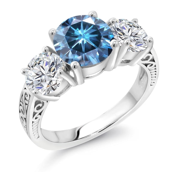 Gem Stone King 925 Sterling Silver Persian Blue Moissanite and Lab Grown Diamond Engagement Ring for Women | 3.38 Cttw | Round 8MM | Gemstone Birthstone | Size 8
