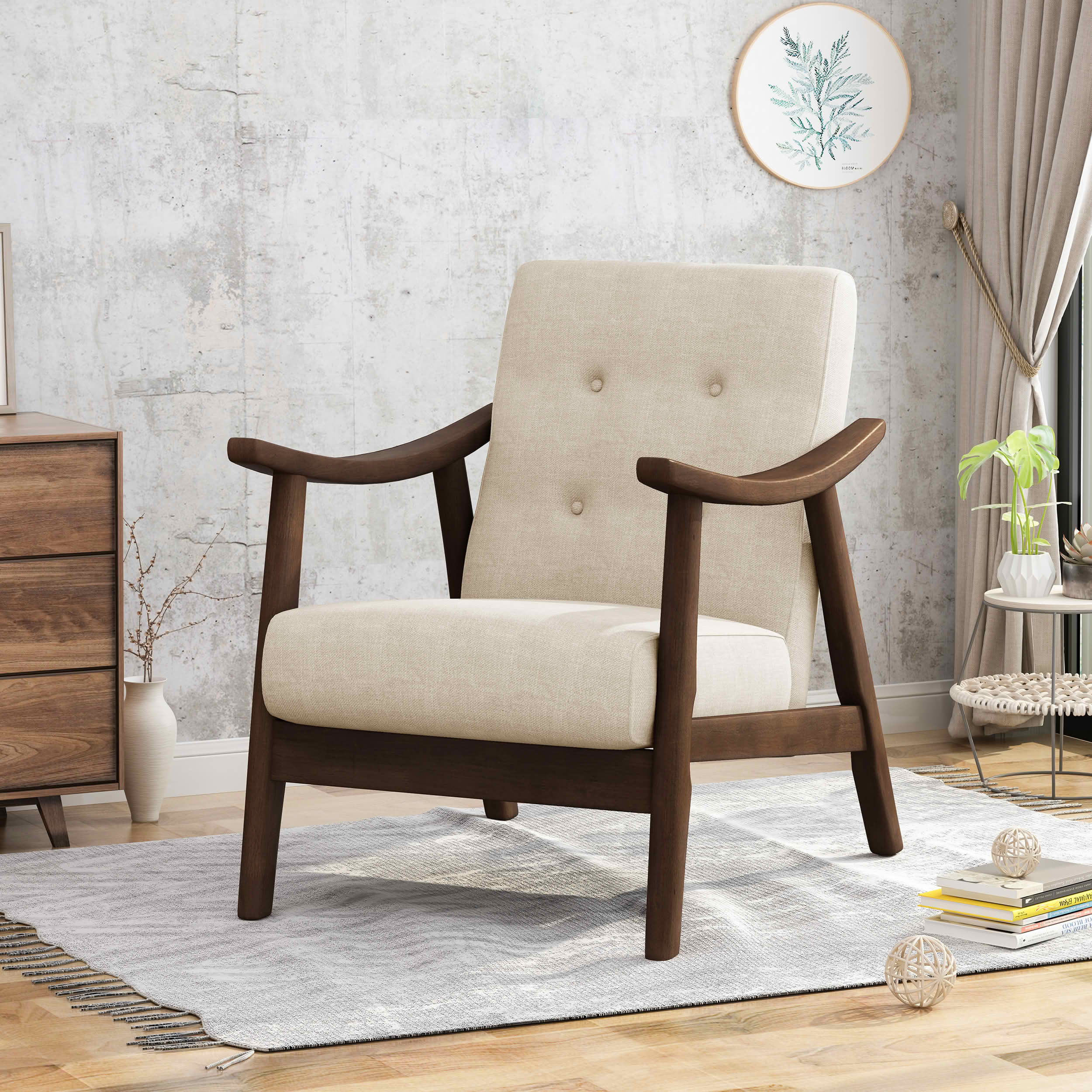 MAYEERTY Mid-Century Modern Tufted Accent Armchair, Beige Upholstery & Brown Frame, for Living Room & Bedroom, 1-Piece