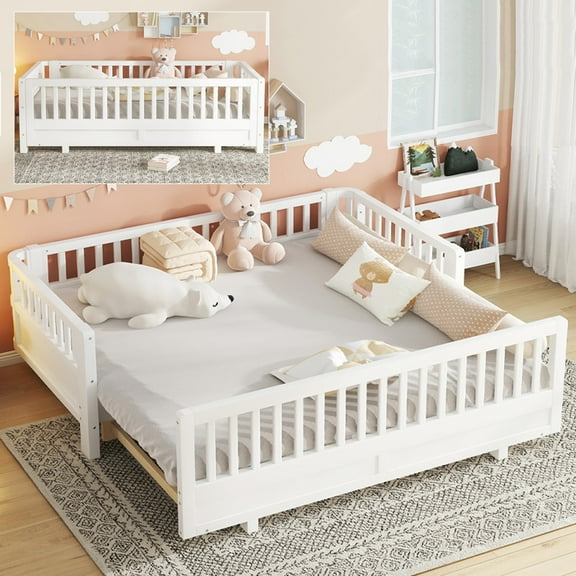 Bellemave Double Twin Size Montessori Bed, Solid Wood Twin to King Floor Bed with Guardrails, Platform Beds Frame for 2,Extending Bed Frame for Living Room or Bedroom (Twin/Twin,White)
