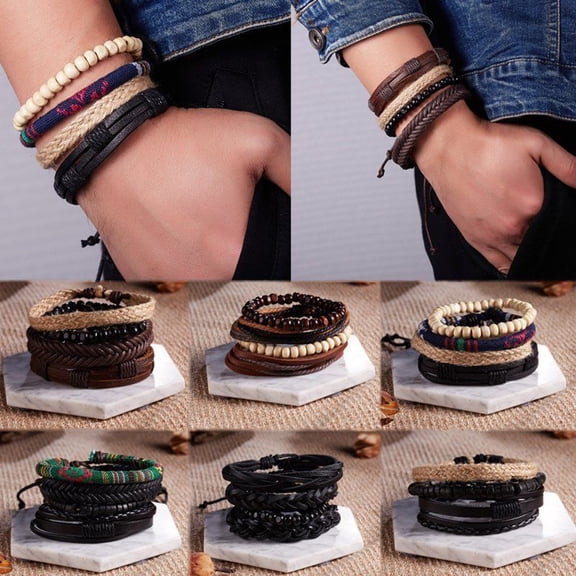 SmartBy 4Pcs/Set Vintage Men Mixed Style Braided Faux Leather Beaded Bracelet Bangle