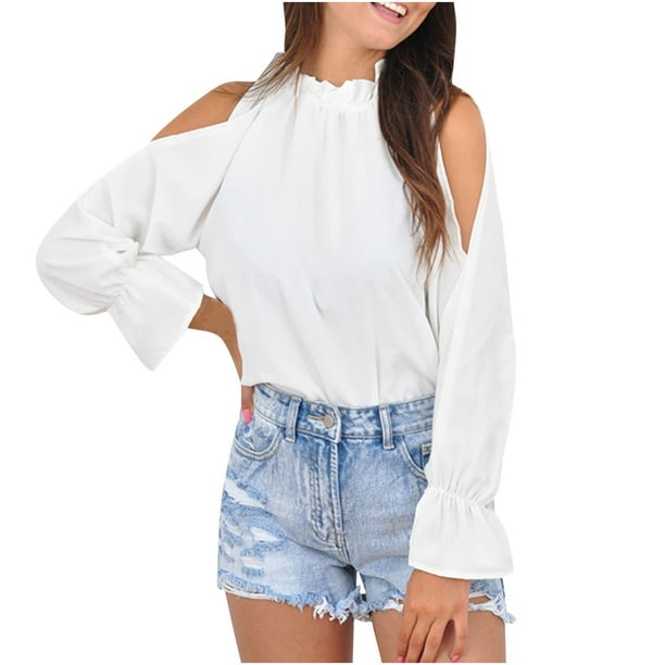 Blusa de manga larga con cuello de hongo y empalme irregular con hombros descubiertos informal de moda suelta para mujer Fridja hkj5442