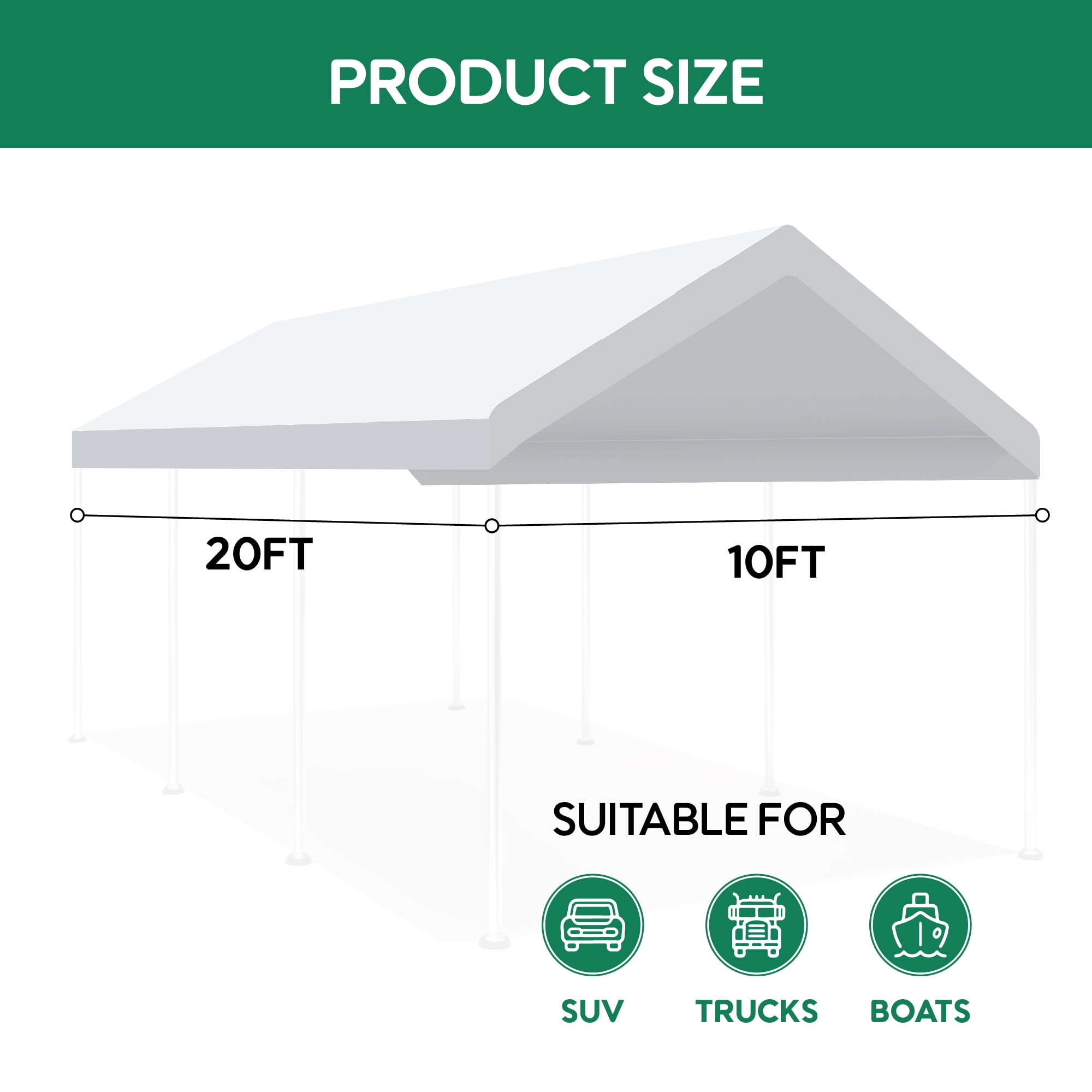 10 x 20 Ft Carport Replacement Canopy Cover Garage Top Tent Shelter with 36 Ball Bungee Cords Heavy Duty Waterproof UV & Tear Resistant, Easy Assembly, White (Only Cover, Frame Not Include) - White