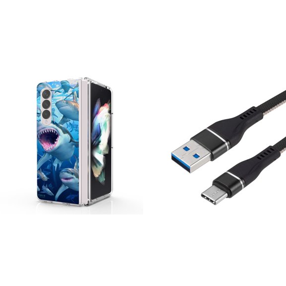 Accessory Bundle for Galaxy Z Fold 4: Slim Snap-On Case (Sharks), Nylon Braided USB-C to USB-A Cable (3 Feet)