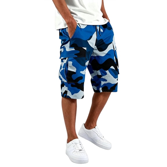 OIOLOYJM Camo Cargo Shorts for Men Drawstring Elastic Waist Relaxed Fit Casual Outdoor Gym Shorts Fashion Running Sweat Shorts with Multi Pockets Blue L