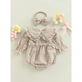 thumbnail image 3 of Musuos 2Pcs Baby Girl Fall Outfit, 3M 6M 12M 18M Plaid Doll Collar Long Sleeve Ruffle Romper + Hairband Set for Infants, 3 of 10