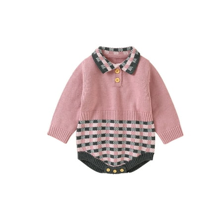 

Infant Romper Plaid Turn-Down Collar Long Sleeve Knitted Jumpsuits