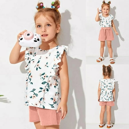 

Toddler Kids Baby Girls Floral Print Ruffle Sleeveless Tops Shorts Outfits Set