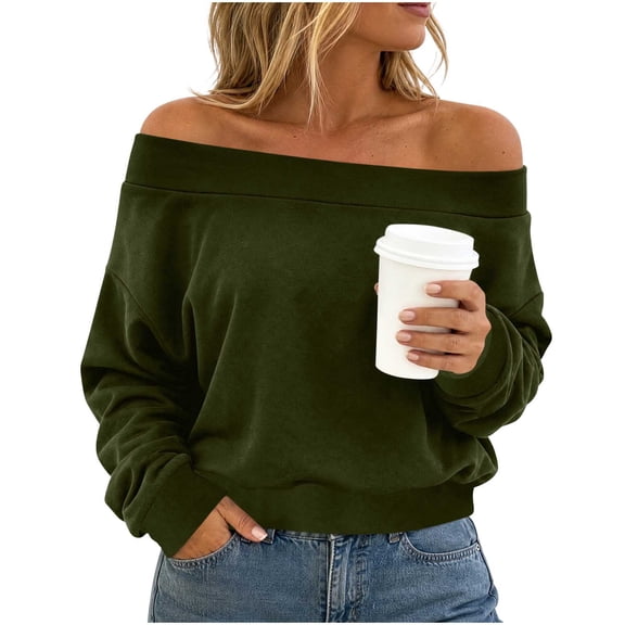 MaFYtyTPR Women Off The Shoulder Long Sleeve Sweatshirts Solid Loose Casual Pullover Tops for Fall Winter Daily Lounge Wear Army Green L
