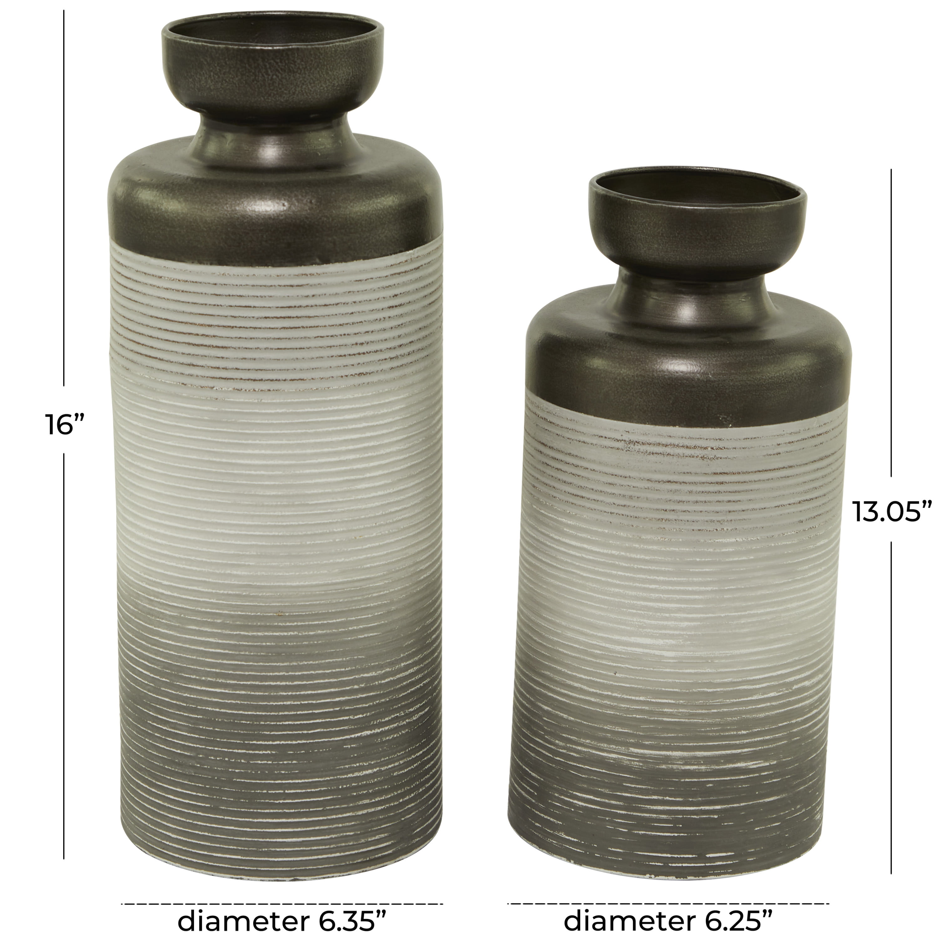 DecMode 16", 13"H Bronze Metal Vase with Embossed Ribbing, Set of 2