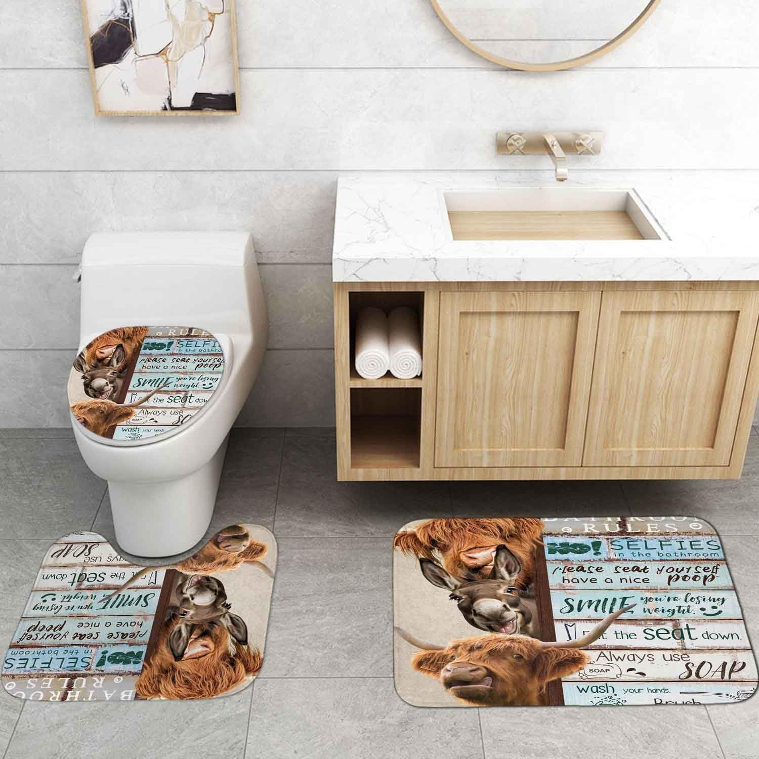 4PCS Funny Highland Cow Shower Curtain Set, Waterproof White Fabric Shower Curtain, Non-Slip Bath Mat Bathroom Rugs Sunflower Floral Farm Animal Western Country Rustic Farmhouse Bathroom Decor