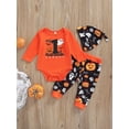 thumbnail image 2 of Bagilaanoe My 1st Halloween Letter Print Outfits for Newborn Baby Girl  Long Sleeve Romper Tops Pumpkin Ghost Printed Trousers Hat 6M 12M 18M 24M Infant 3Pcs Fall Long Pants Set, 2 of 9