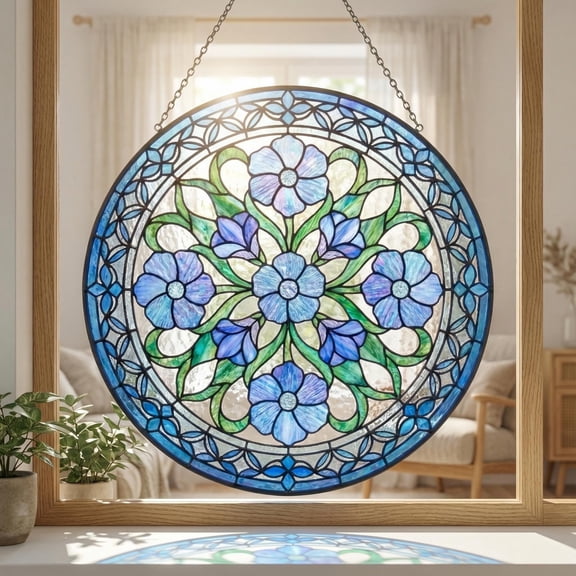 Wildflower Botanical Stained Glass Suncatcher Blue Flower Window Hanging Housewarming Gift For Mom