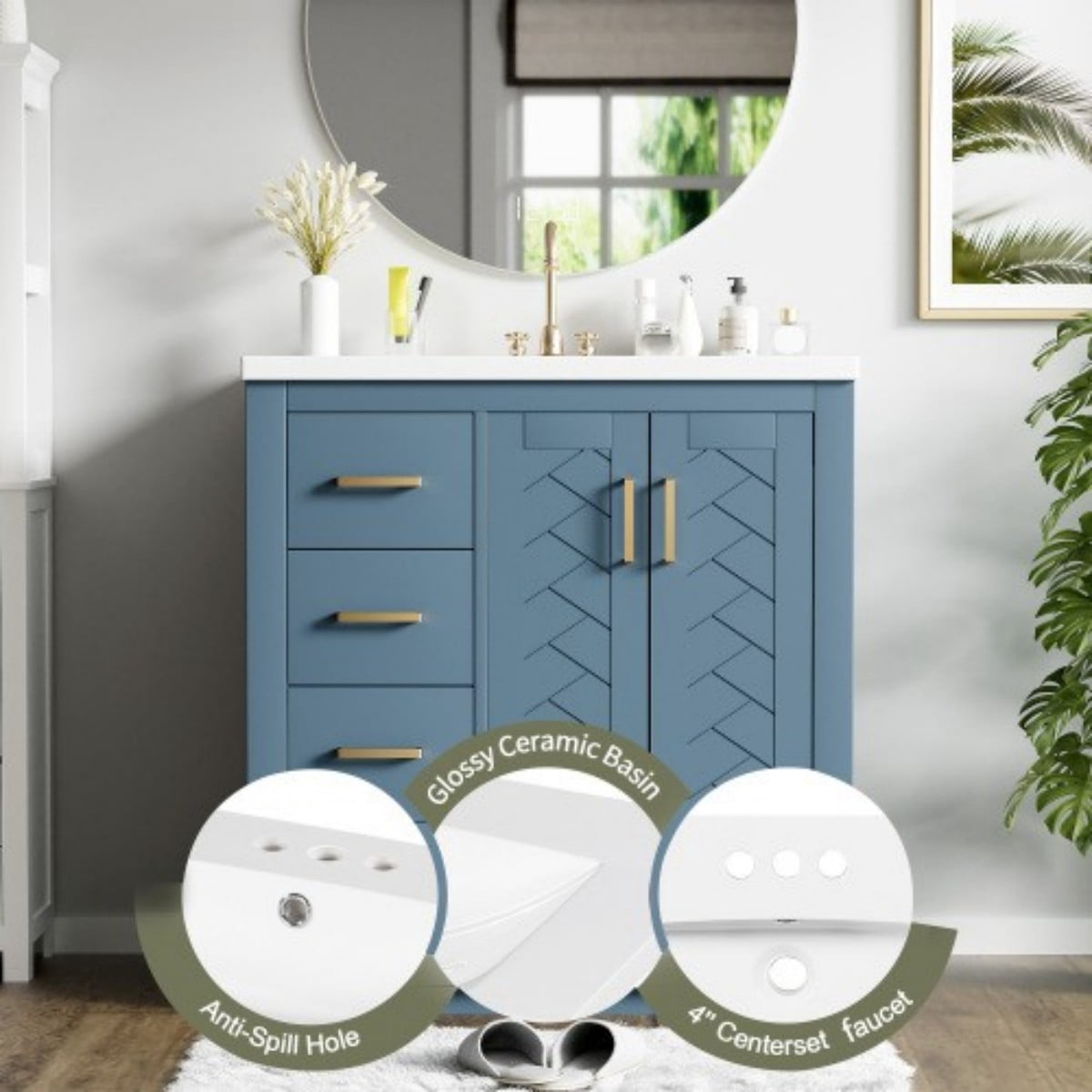 30" Bathroom Vanity with Sink, Freestanding Bathroom Vanity Cabinet with Ceramic Sink, Solid Wood Frame, 3 Drawers & Soft Close Doors, Modern Storage Cabinet, Indigo