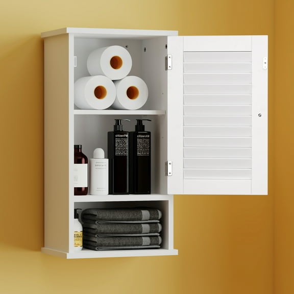 OONNEE Slim Medicine Cabinet, 3 Tier Hanging Cabinet with Single Louvered Door, Open Shelf,  Small Wall cabinet for Home Bathroom Bedroom Laundry, White