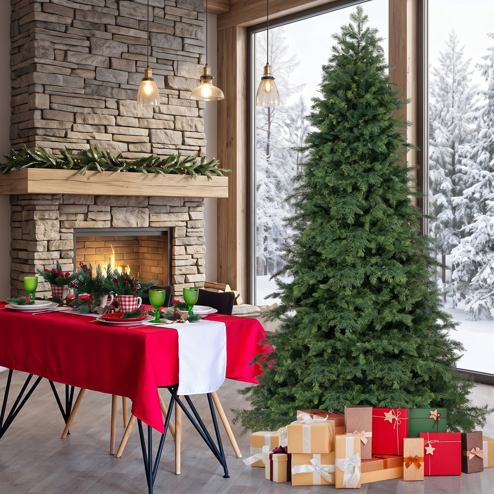 RUIE 7.5 ft Artificial Christmas Tree, Green Hinged Holiday Xmas Tree with 1019 Lush Branch Tips, Foldable Metal Base, 3-Section Unlit Spruce Pine Tree for Home, Green