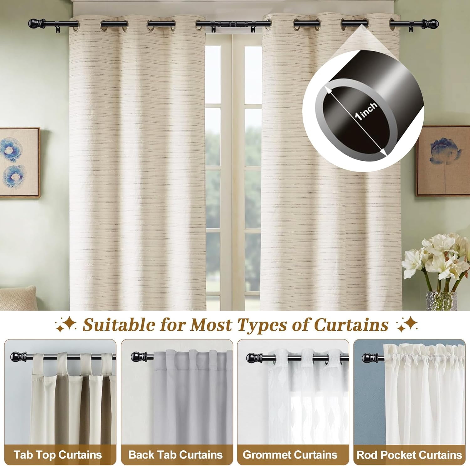 SOUMNS 1" Diameter Black Bay Window Curtain Rods，30" -136" Tecescoping Corner Curtain Rod (2 sides)for Living Room