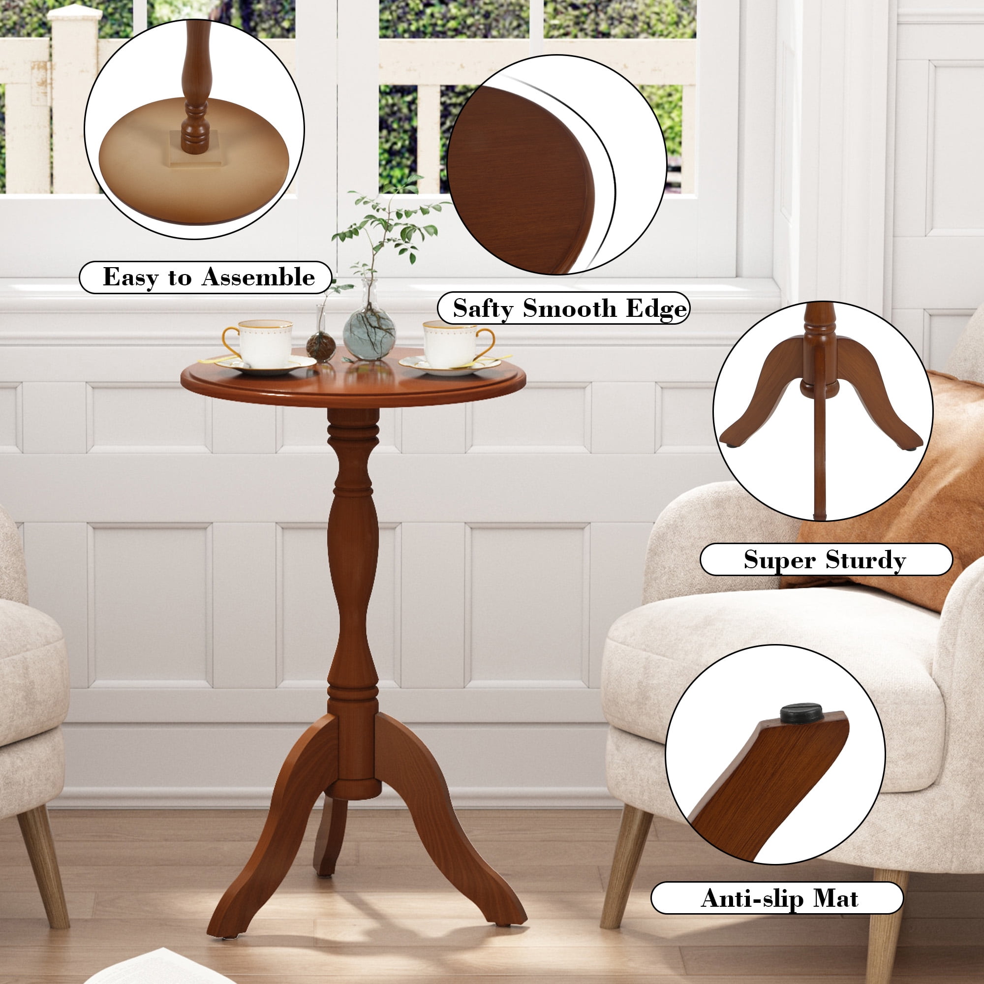 HLR Round Small End Table, Wooden Pedestal Side Coffee Table,  Vintage Accent Nightstand for Living Room, Entryway,  Brown