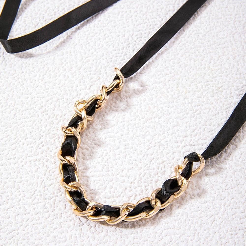 Black Long Ribbon Bow Choker Necklace for Women,Chunky Long Fabric Chain Lace Up Necklace Unique Neck Jewelry
