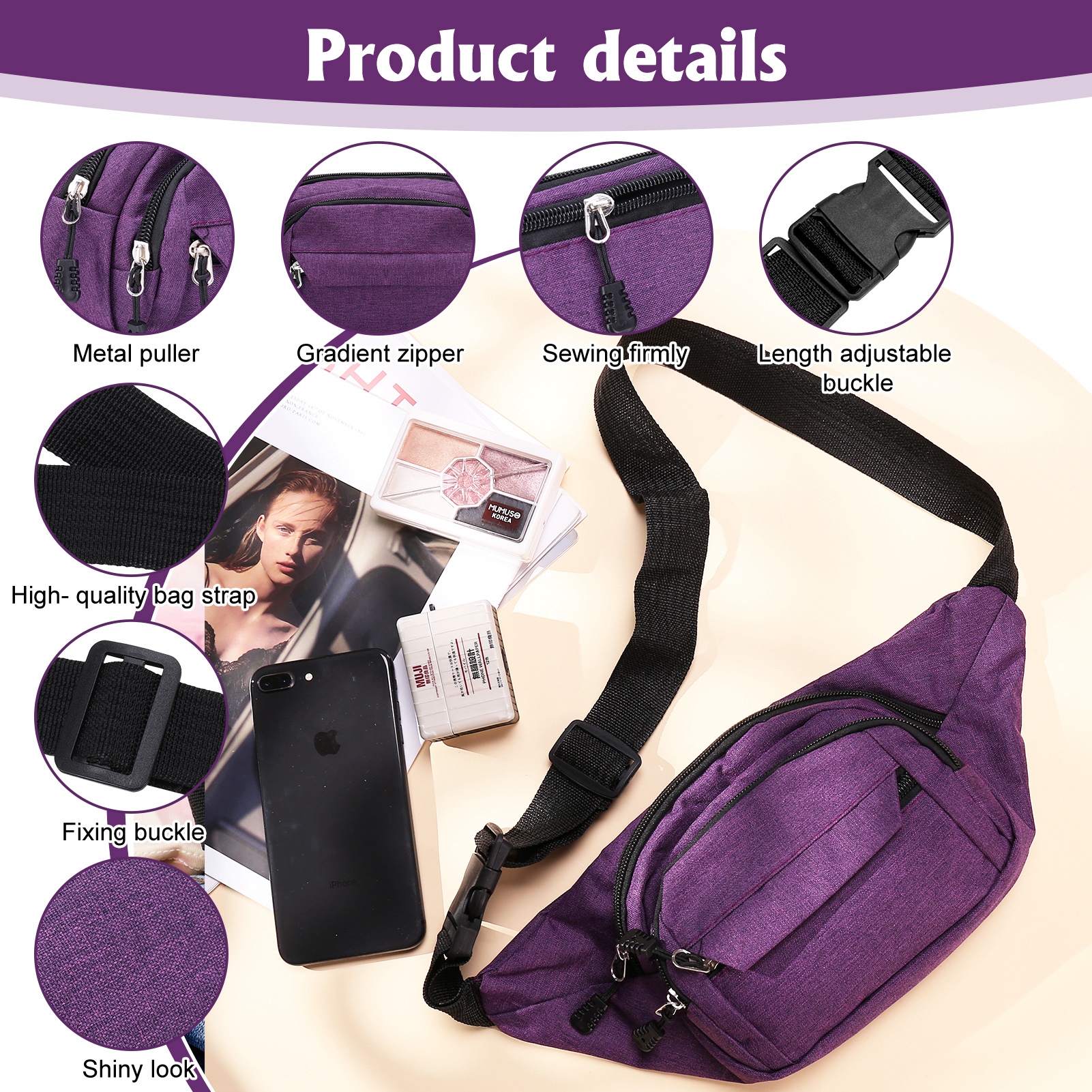 AOWOO 2-Pack Women's Water-Resistant Waist Pack with 3 Zippers photo 3