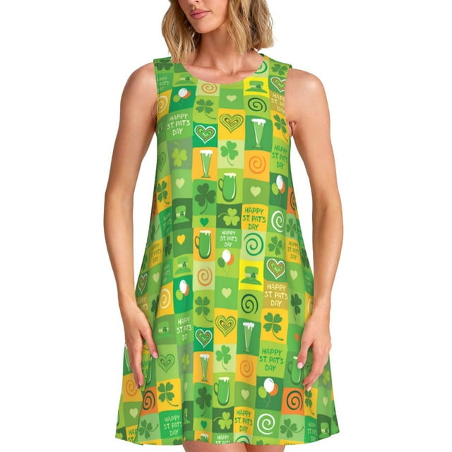 Fotbe St. Patrick's day Vestido de Verano sin Mangas para Mujer – Vestido Midi Línea A, Estilo Camiseta Floral, Vestido Playero Casual y Fluido