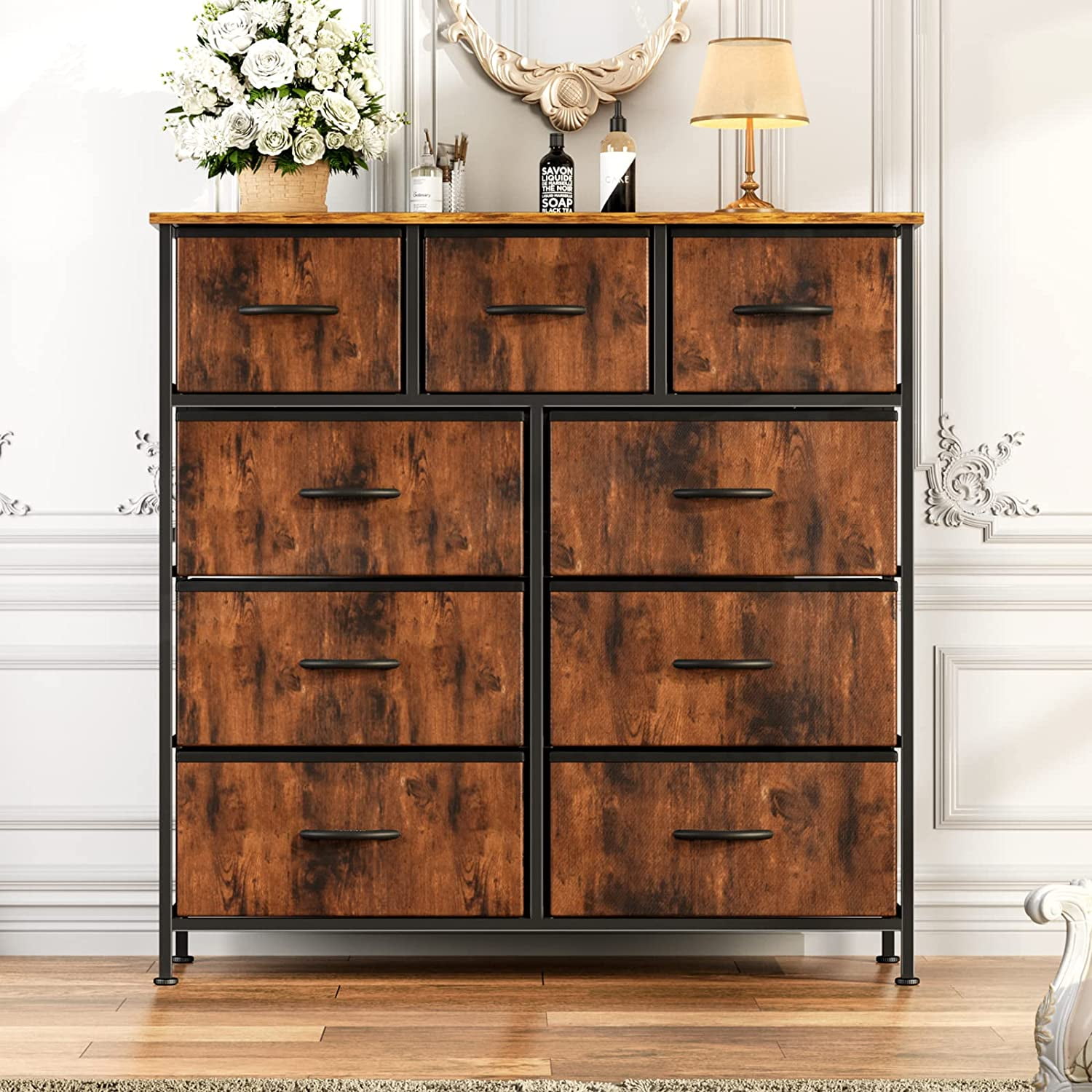 ZUNMOS 9 Drawer Fabric Dresser for Bedroom, Chest of Drawer Organizer Storage Cabinet for Closet, Entryway, Rust Brown