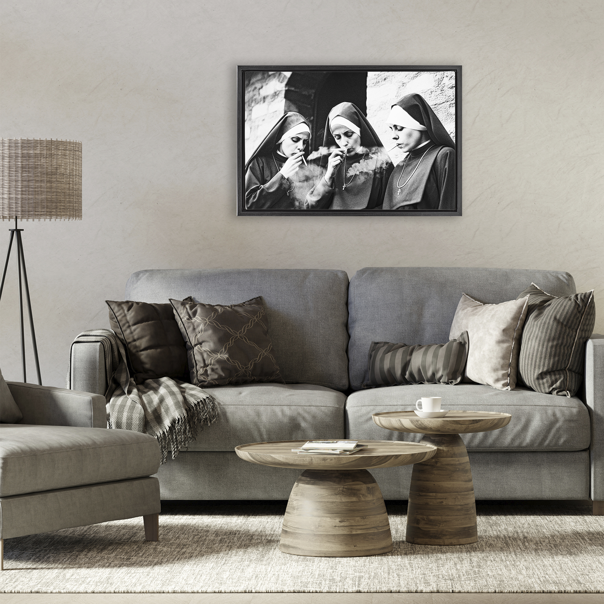 Smoking Nuns Rebellion Black Framed Floater Canvas Wall Art, design by Decent Exposures