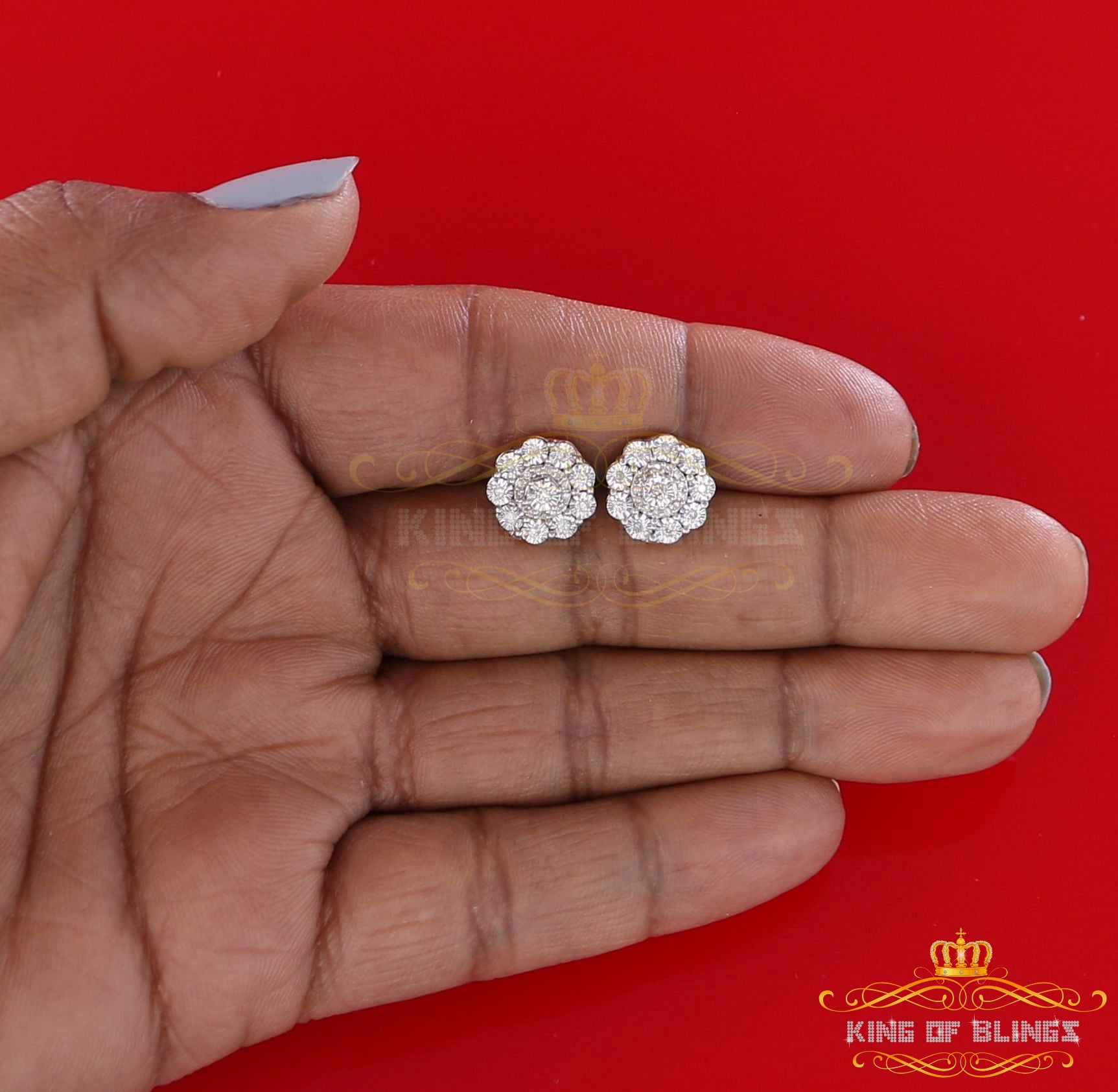 King of Bling's 10K Real Yellow Gold with 0.20CT Diamonds stud Floral Earrings For Women And Men