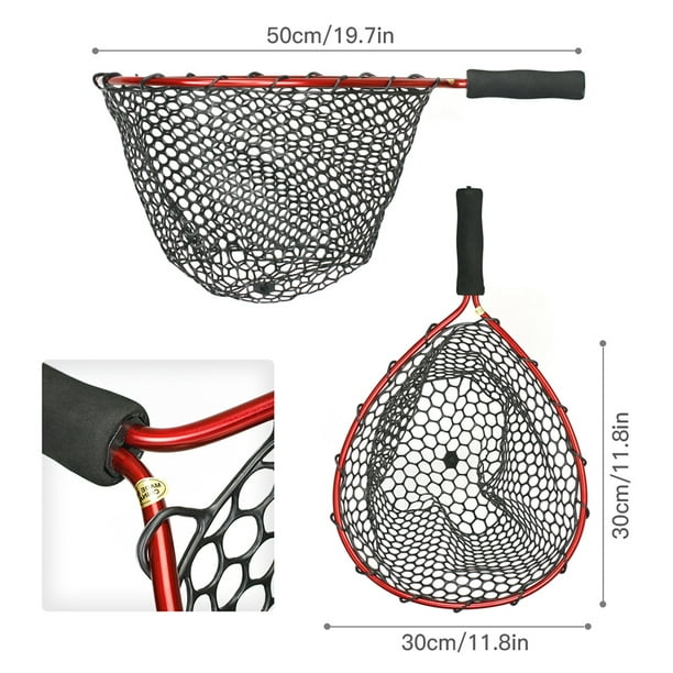 Arealer Fishing Net Soft Silicone Fish Landing Net Aluminium Alloy Pole EVA  Handle with Elastic Strap and Carabiner Fishing Nets Tools Accessories for