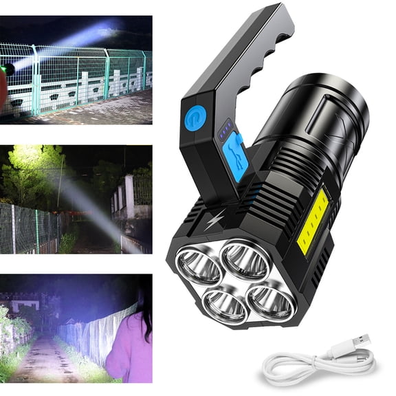 USB Rechargeable Handheld LED Flashlight, Super Bright Outdoor Spotlight with 4 Lighting Modes, IP44 Waterproof, Battery Power Display, for Camping Hiking Emergency Work Light