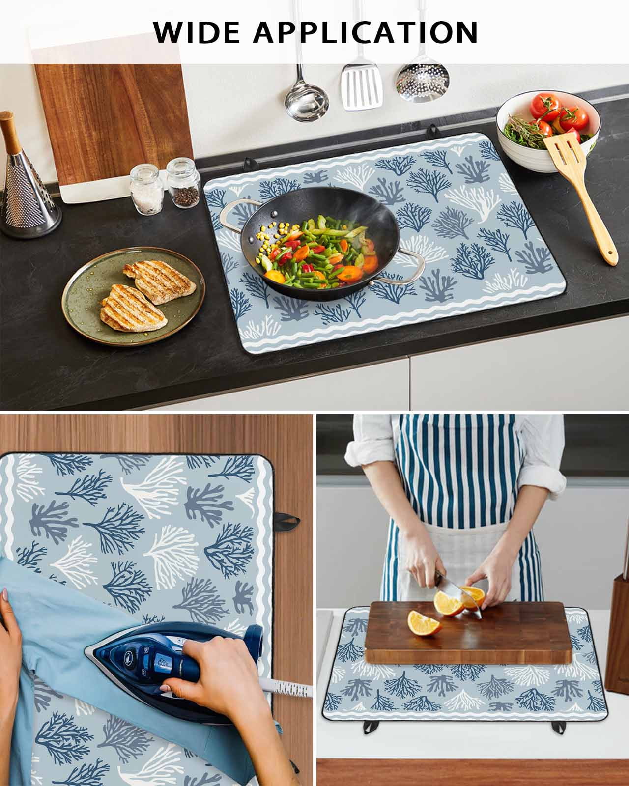 nqOlkjepod Large Induction Cooktop Protector Mat 36"x21", Blue White Coral Stove Top Covers for Electric Stove, Summer Beach Coastal Ocean Stripes Stove Burner Cover Mats, Glass Top Stove Cover