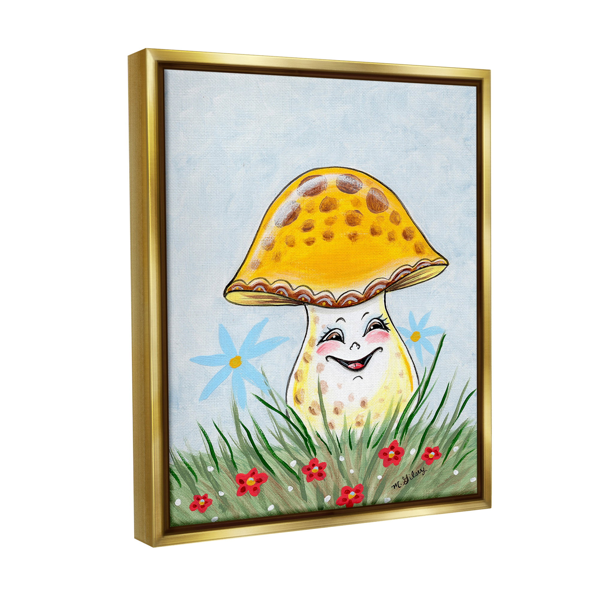 Stupell Industries Smiling Yellow Mushroom Botanical & Floral Painting Gold Floater Framed Canvas Art Print Wall Art, 17 x 21