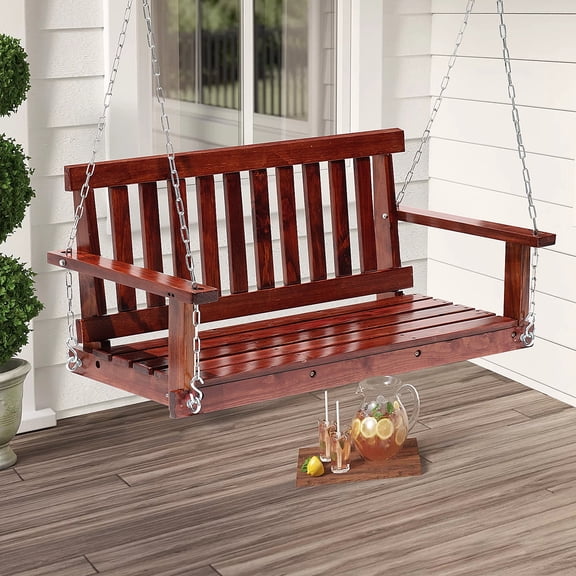 Dkelincs 48 inch Wood Outdoor Hanging Porch Swing Bench with Armrest and Chains 800 lbs Weight Capacity, Brown