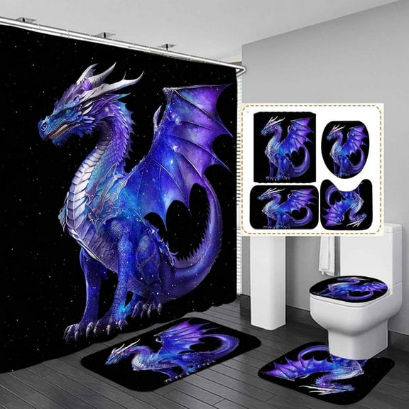 4PCS Purple Dragon Shower Curtain Set, Medieval Mythical Creature Fantasy Animal Cool Dragon Bathroom Decor for Boys Kids, Waterproof Fabric Shower Curtain, Non-slip Bath Mats Toilet Rugs