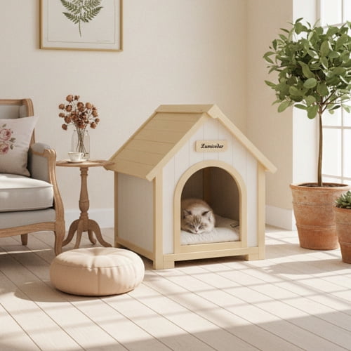 Indoor Wooden Dog House for Small Dogs and Cats Solid Cedar A-Frame Pet House with EVA Cushion Scandinavian Design, Creamy White,Light Yellow