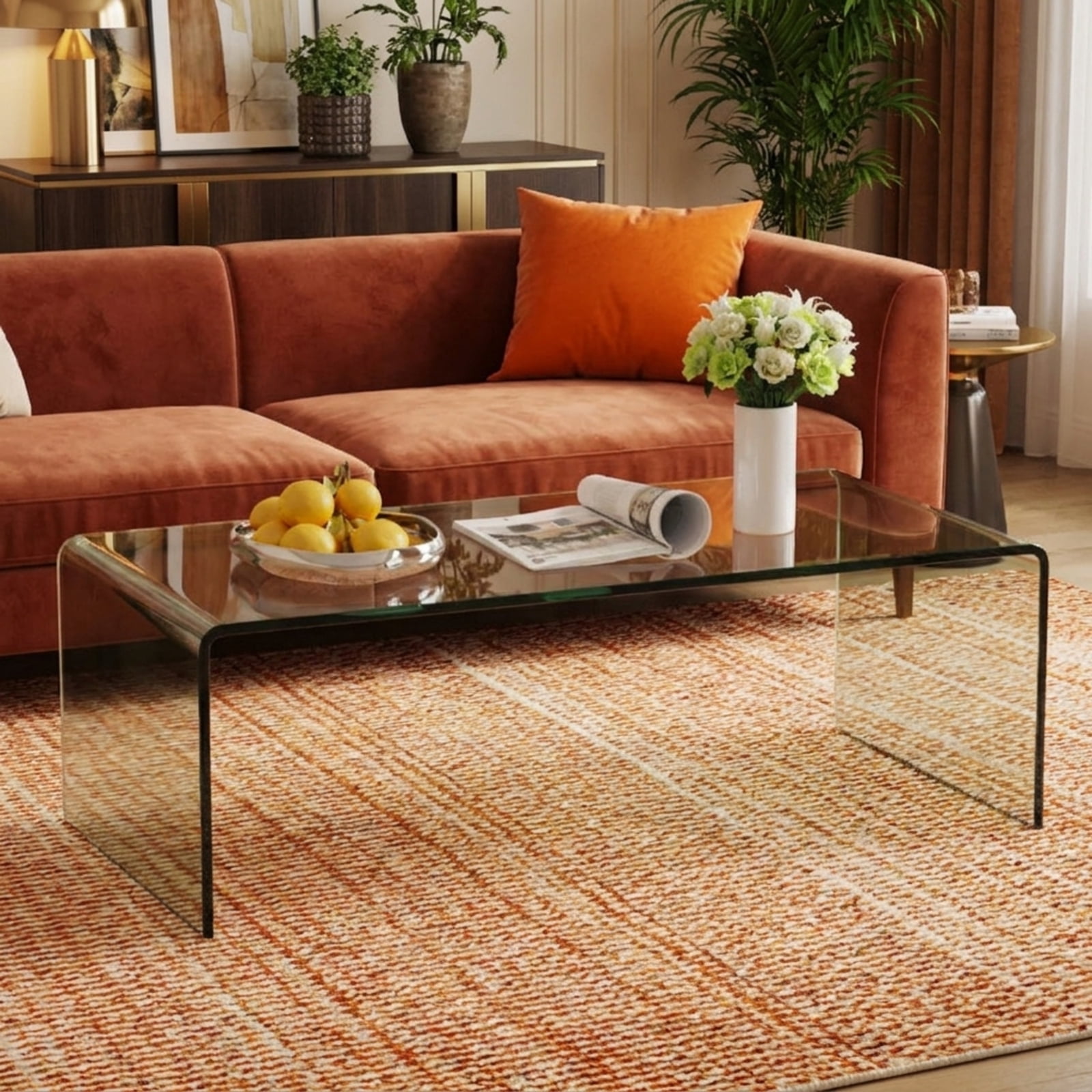 Furnibear Clear Glass Coffee Table, 42.5 Inch Rectangle Tempered Glass Coffee Table with Rounded Edges for Living Room, Transparent