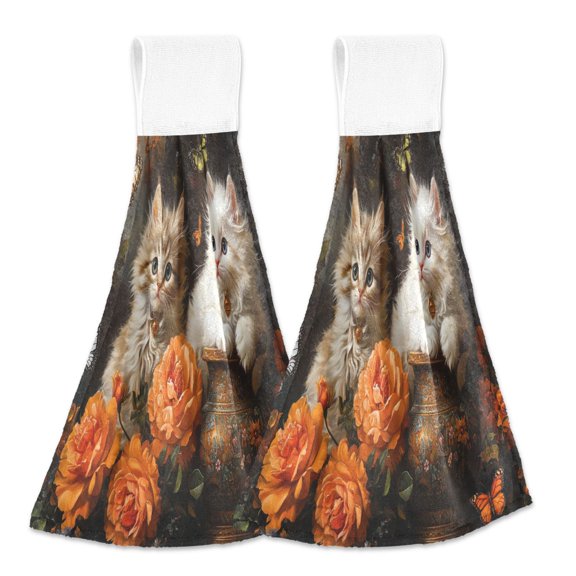 BZSMCE Hanging Hand Towels Fashion Kittens with Roses and Butterflies Pattern 2-Pack - Velcro Style Bathroom Kitchen Towels
