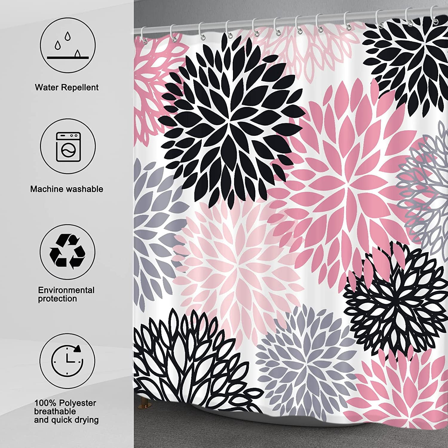 Dahlia Flower Shower Curtain, Floral Bathroom Decor, Waterproof Polyester Fabric Pink Black Grey Set, with 12 Hooks 72 x 72
