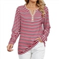 thumbnail image 1 of Camisetas de Larga A Rayas para Mujer, Informales, con Cuello en V, Bloques de Color, Corte Holgado, Básicas. Tiras Rojas M, 1 of 10